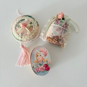 Vintage Cottage Shabby Chic Decor Ornaments Trinket Box Sachet 90s Trio